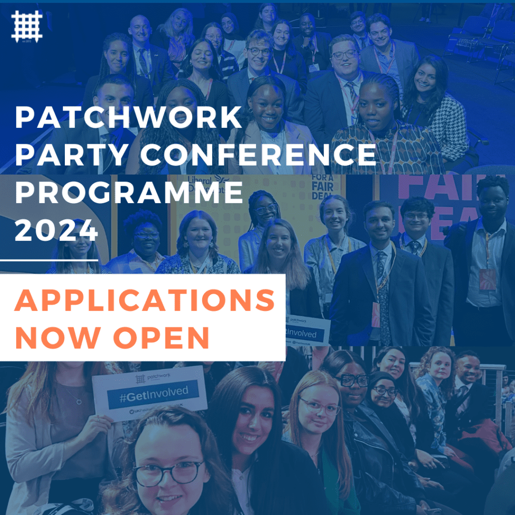 Background of three group images with dark blue filter. Text in front reads 'PATCHWORK PARTY CONFERENCE PROGRAMME 2024." in white capitalised text and "APPLICATIONS NOW OPEN" in orange text with a white box behind it. Patchwork logo is in top left corner.